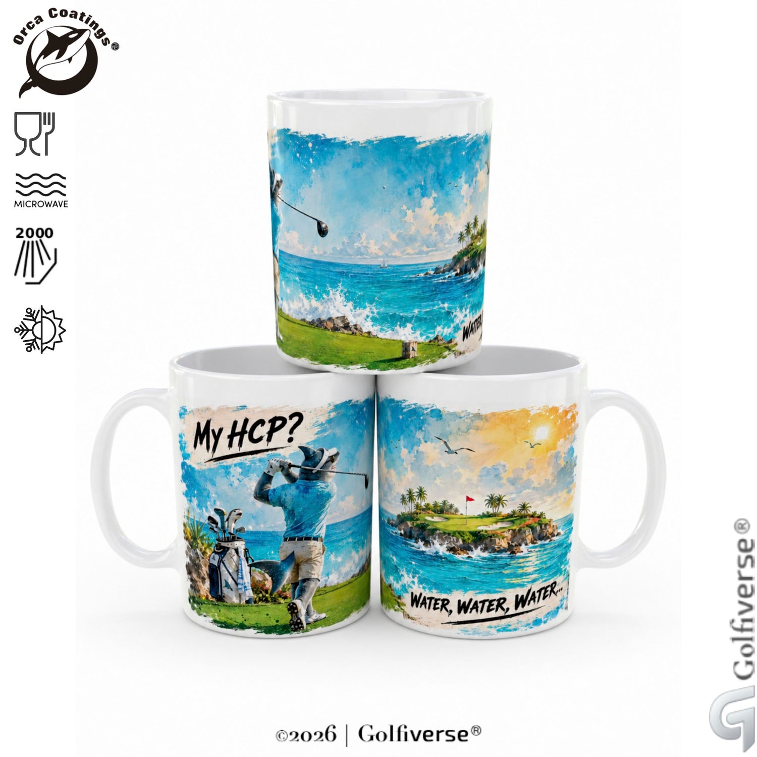 Golf Tasse „My HCP? Water, Water, Water…“ – Lustiger Hai-Golfer