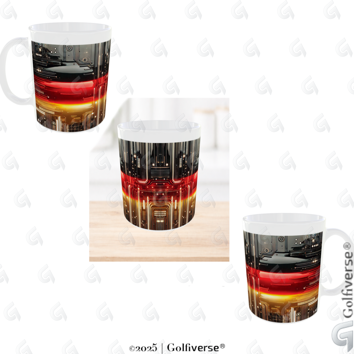 Kaffebecher Deutschlandfarben im Techdesign mit Struktur in der Mitte Ansicht von links nach rechts