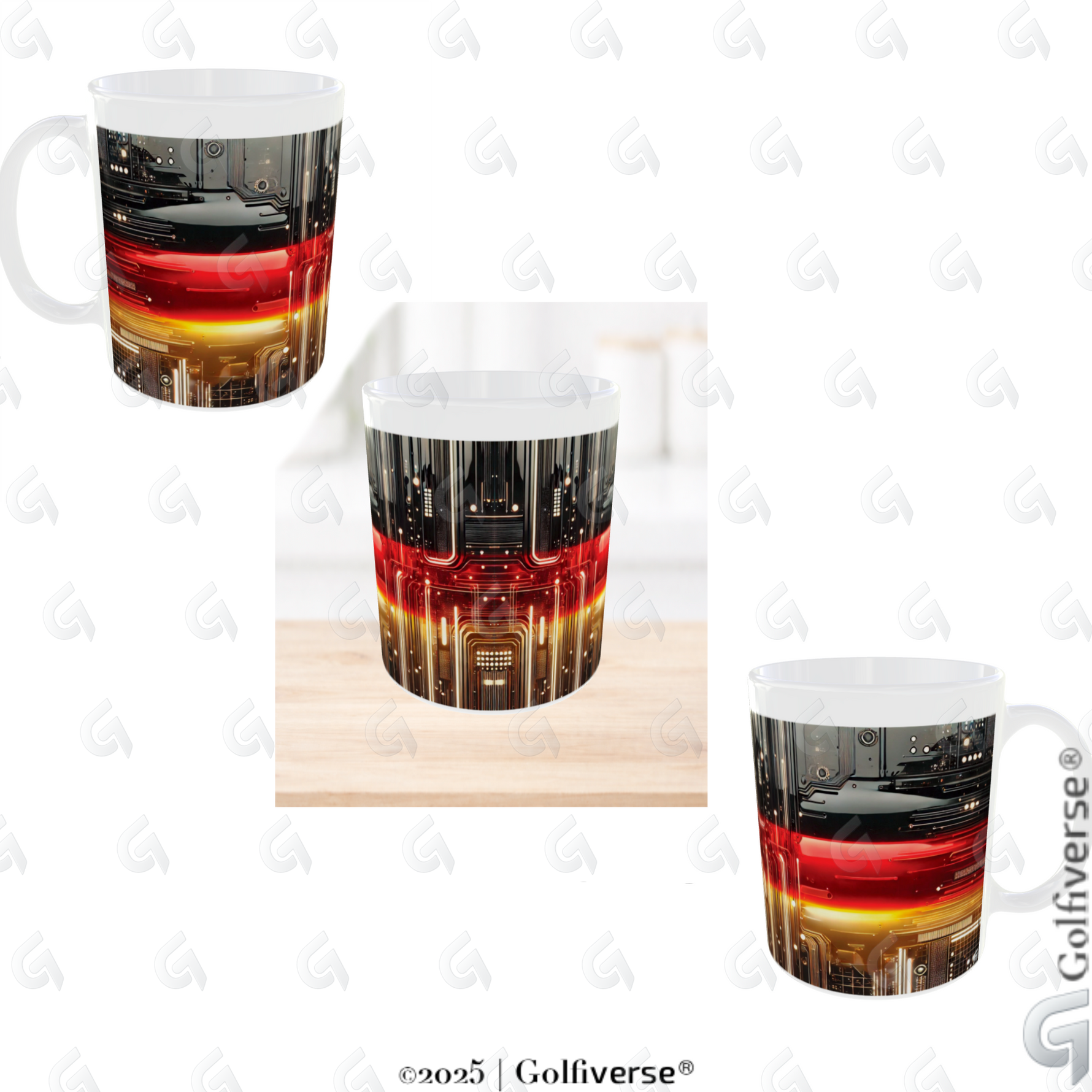 Kaffebecher Deutschlandfarben im Techdesign mit Struktur in der Mitte Ansicht von links nach rechts