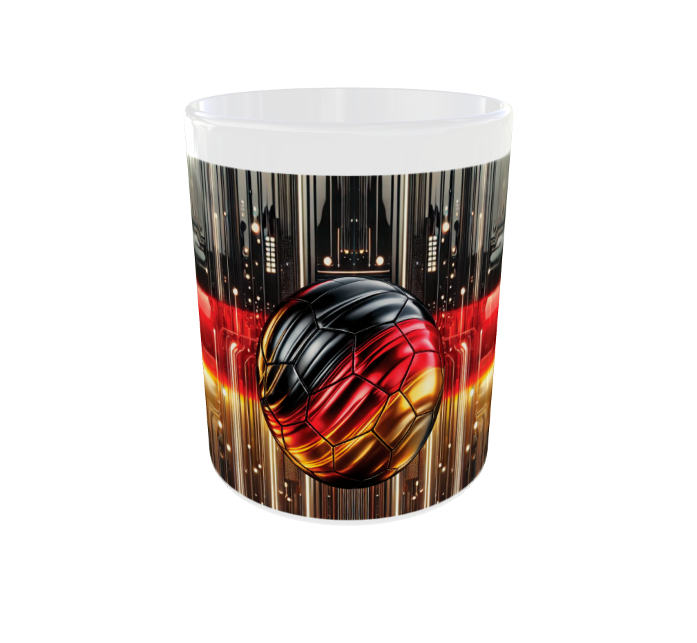 Kaffebecher Deutschlandfarben im Techdesign mit Fußball Ansicht von links nach rechts