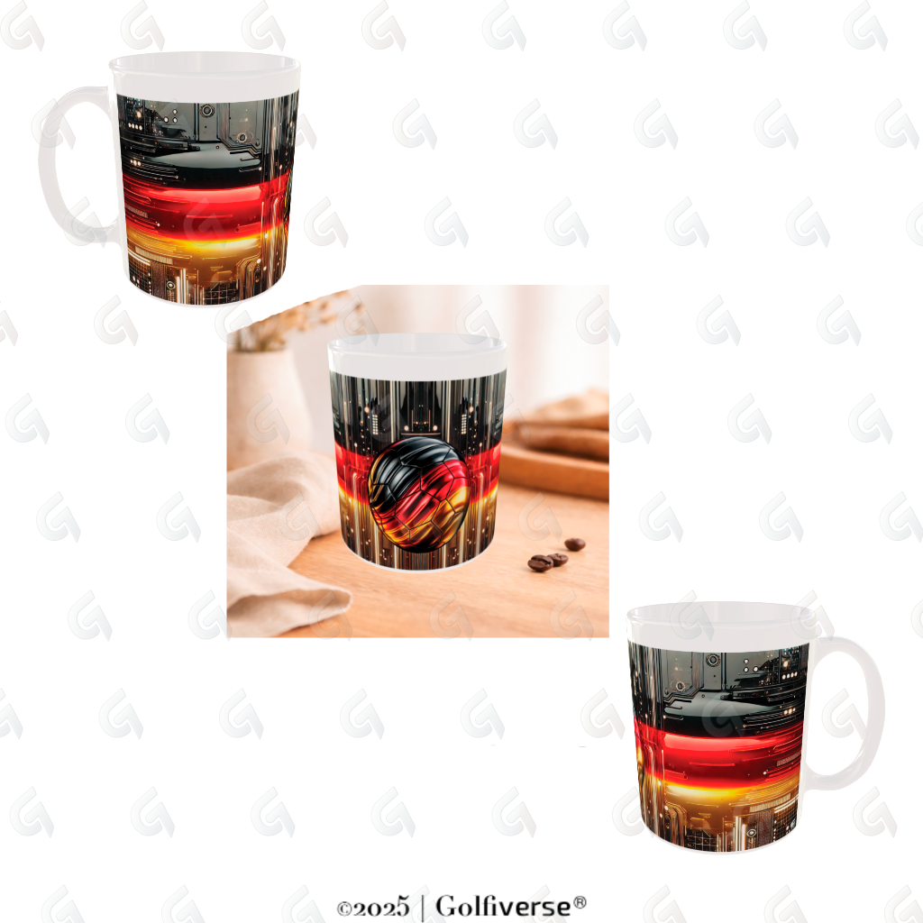 Kaffebecher Deutschlandfarben im Techdesign mit Fußball Ansicht von links nach rechts