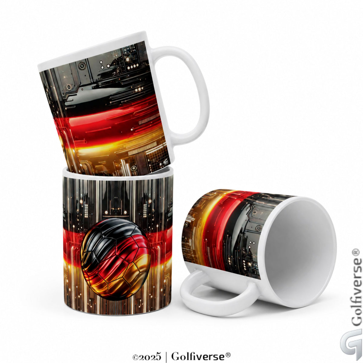 Drei weiße Keramiktassen mit futuristischem Schwarz-Rot-Gold-Circuit-Design-von-Golfiverse und Fußballmotiv, gestapelt und liegend auf weißem Studiohintergrund.