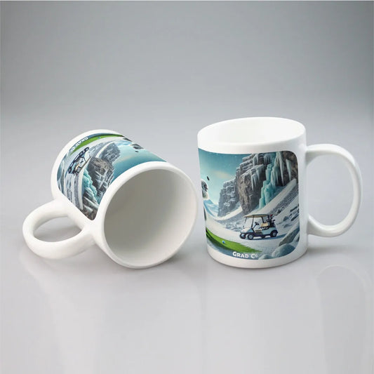 Keramik Kaffee-Becher: „My Handicap? -10 … Grad C°“ (11oz) – Yeti Wintergolf Design, Ocra-Beschichtung