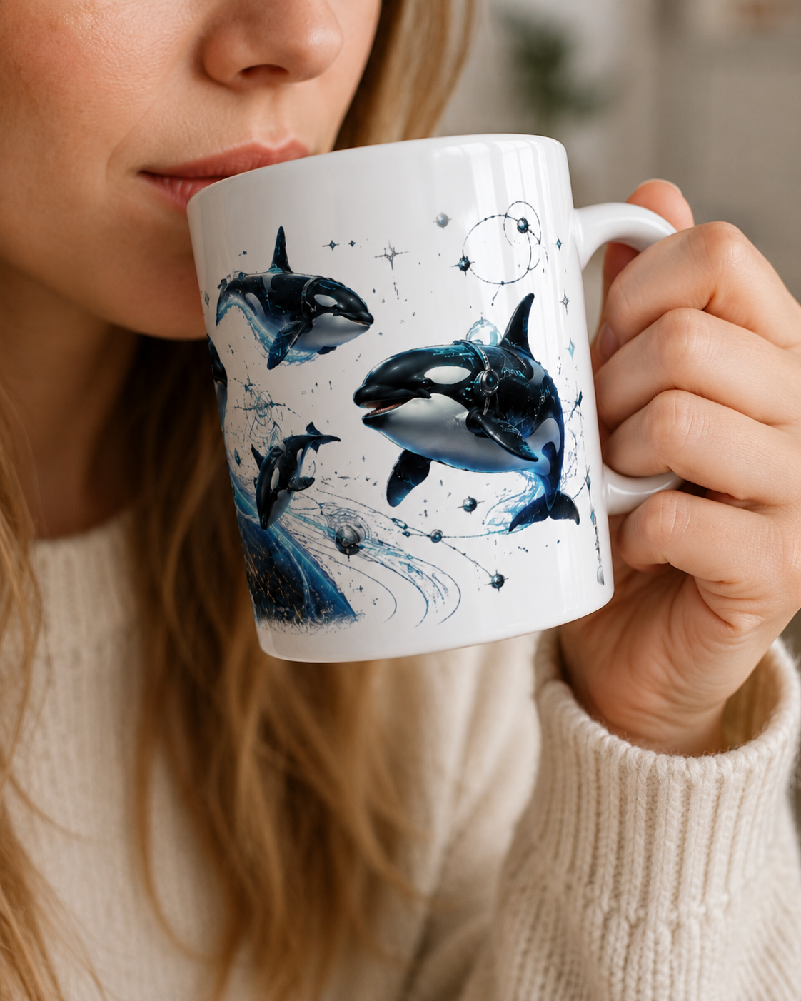 Weiße Orca-Tasse mit futuristischem Spacepunk-Motiv von Orca-Walen in der Hand einer Frau.