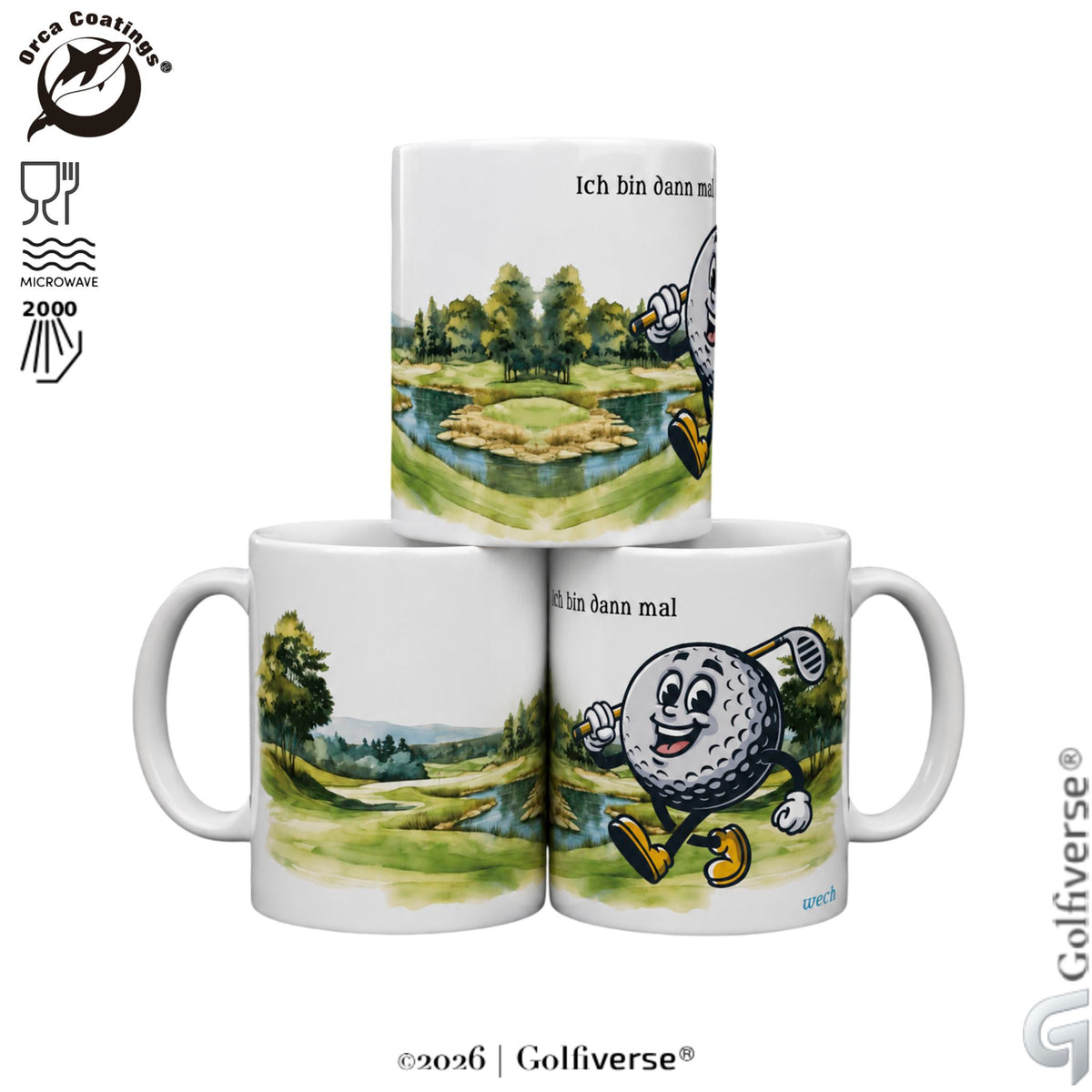 Drei gestapelte weiße Golftassen mit Golfplatz-Aquarell, Schriftzug „Ich bin dann mal wech“ und fröhlichem Golfball-Comic