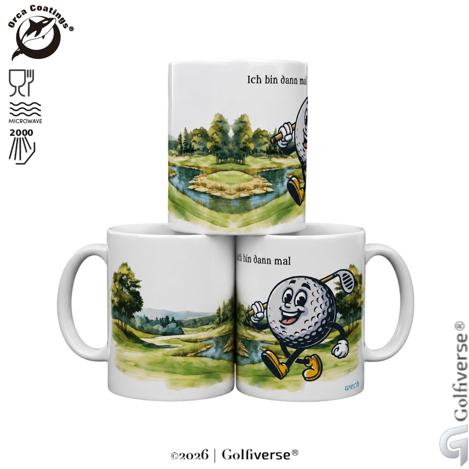 Drei gestapelte weiße Golftassen mit Golfplatz-Aquarell, Schriftzug „Ich bin dann mal wech“ und fröhlichem Golfball-Comic