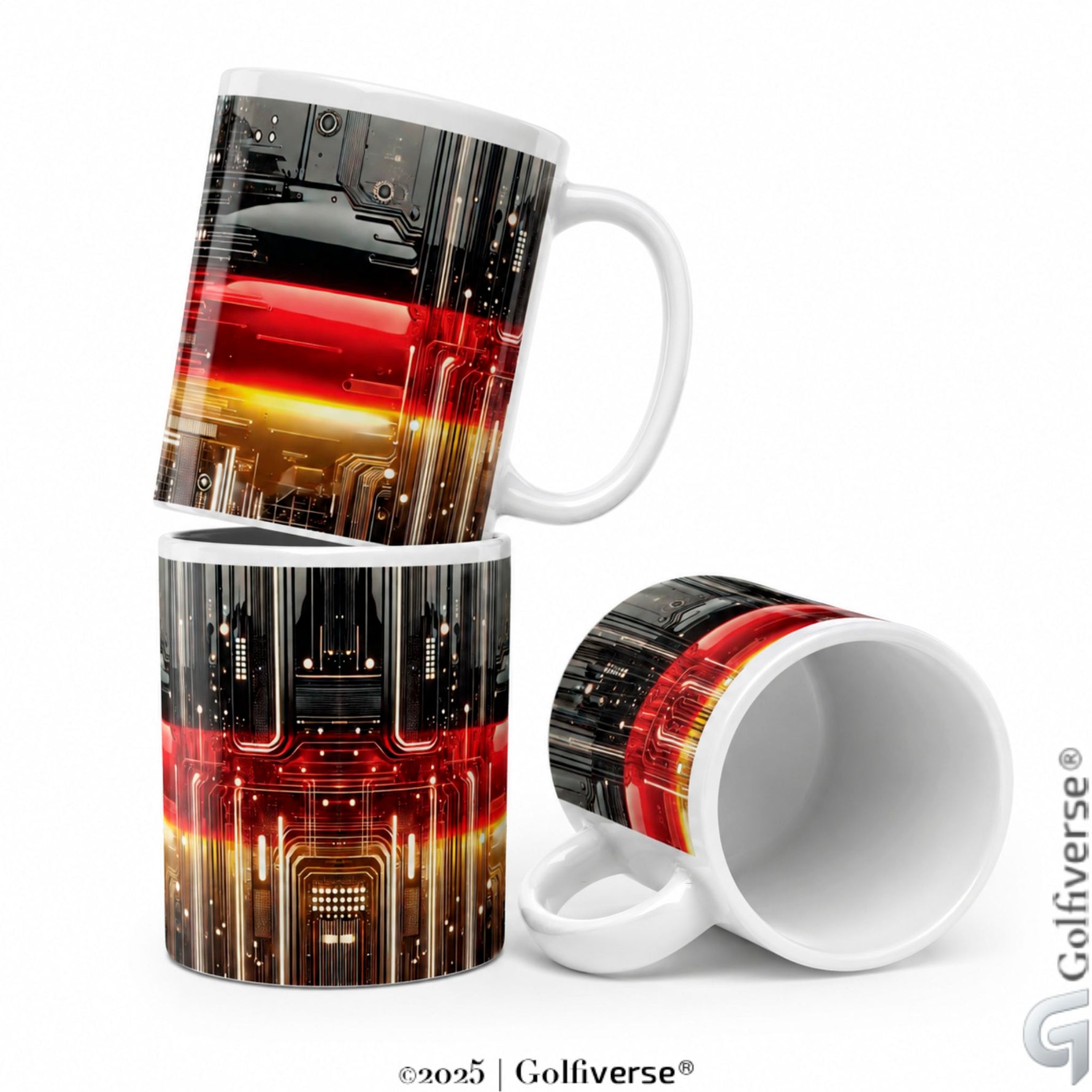 Drei weiße Keramiktassen mit futuristischem Schwarz-Rot-Gold-Circuit-Design von Golfiverse-, zwei Tassen gestapelt und eine Tasse liegend daneben auf weißem Hintergrund.