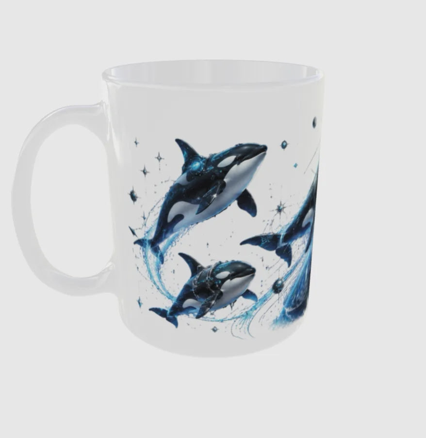 360°-Ansicht einer weißen Keramiktasse mit futuristischem Orca-Motiv, Spacepunk-Details und Erde im All.