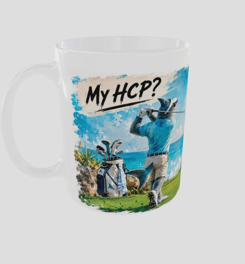 Golf Tasse „My HCP? Water, Water, Water…“ – Lustiger Hai-Golfer